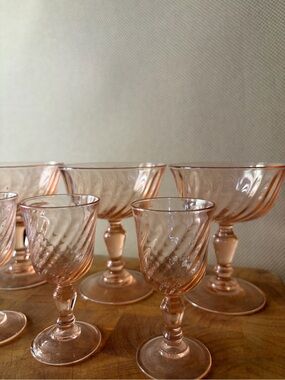 Vintage Pink Etched Mixed Glassware and Champagne Goblets Barware France